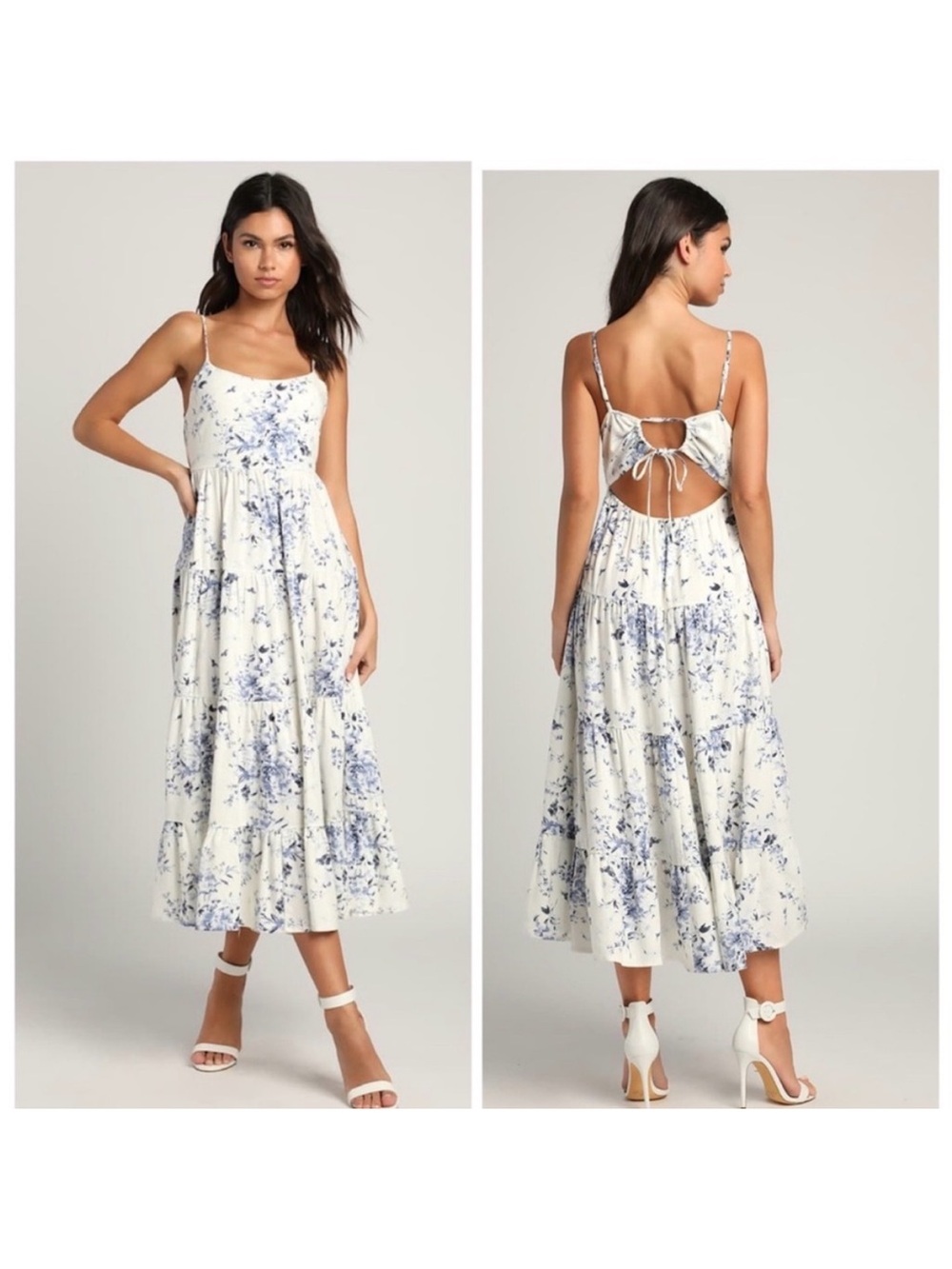 Lulus Mykonos Mood Ivory Floral Print Tie-Strap Tiered Midi Dress S/M?